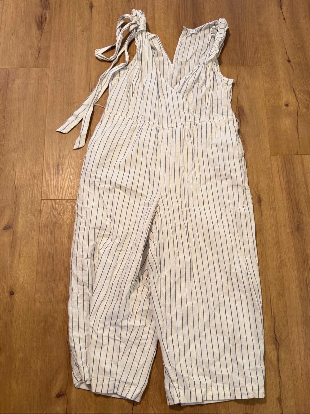 Striped Tie-Shoulder Women’s Jumpsuit - Blue on Cream